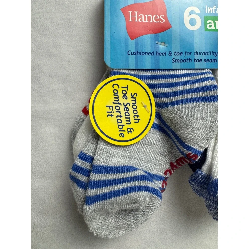 Hanes Infant Boys Ankle Socks 6 Pair Pack 12-24 Months Non-Skid TB27W6 Blue Grey